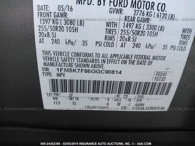 1FM5K7F86GGC90814 - 2016 FORD EXPLORER LIMITED GRAY photo 9