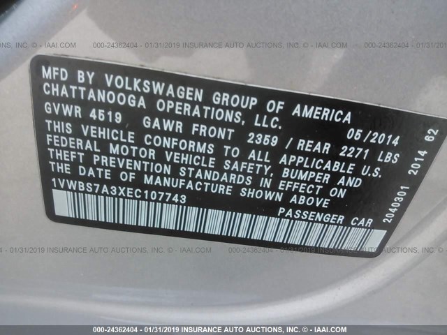 1VWBS7A3XEC107743 - 2014 VOLKSWAGEN PASSAT SE SILVER photo 9