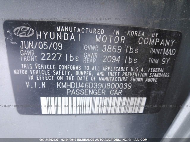 KMHDU46D39U800039 - 2009 HYUNDAI ELANTRA GLS/SE GRAY photo 9