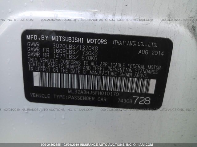 ML32A3HJ5FH010170 - 2015 MITSUBISHI MIRAGE DE WHITE photo 9