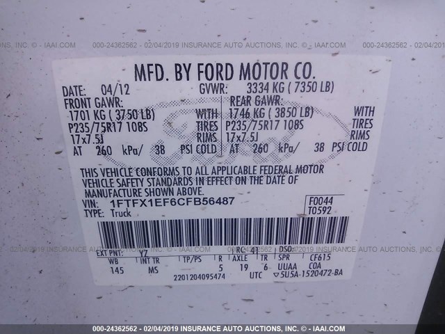 1FTFX1EF6CFB56487 - 2012 FORD F150 SUPER CAB WHITE photo 9