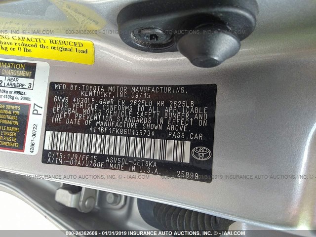 4T1BF1FK8GU139734 - 2016 TOYOTA CAMRY LE/XLE/SE/XSE SILVER photo 9