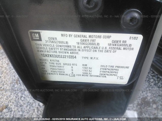 1GKEK63U52J210354 - 2002 GMC DENALI BLACK photo 9