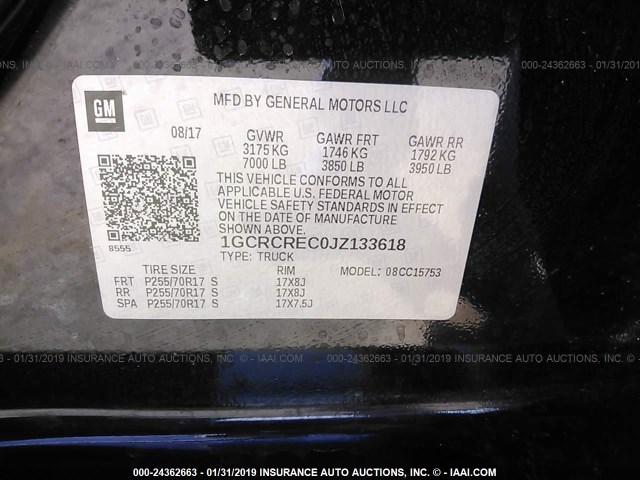 1GCRCREC0JZ133618 - 2018 CHEVROLET SILVERADO C1500 LT BLACK photo 9