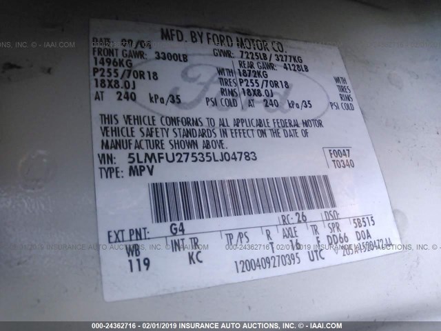 5LMFU27535LJ04783 - 2005 LINCOLN NAVIGATOR WHITE photo 9