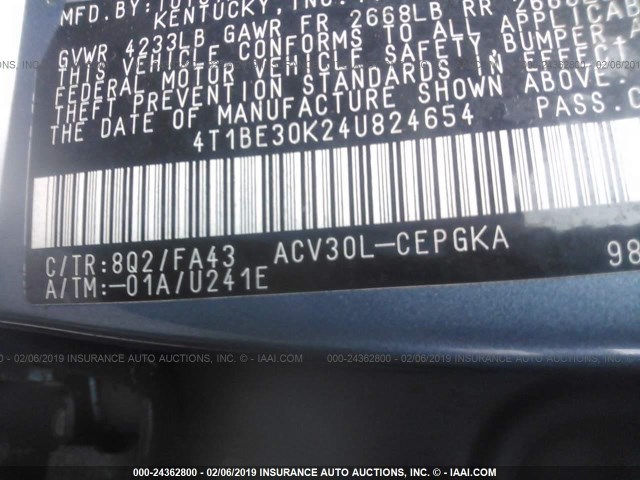 4T1BE30K24U824654 - 2004 TOYOTA CAMRY LE/XLE/SE BLUE photo 9