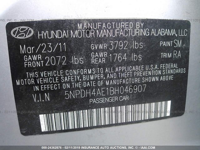 5NPDH4AE1BH046907 - 2011 HYUNDAI ELANTRA GLS/LIMITED SILVER photo 9