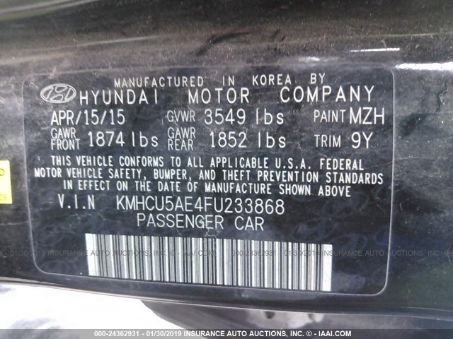 KMHCU5AE4FU233868 - 2015 HYUNDAI ACCENT GLS/SE BLACK photo 9