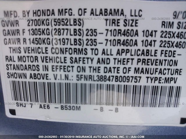 5FNRL38847B009757 - 2007 HONDA ODYSSEY TOURING BLUE photo 9