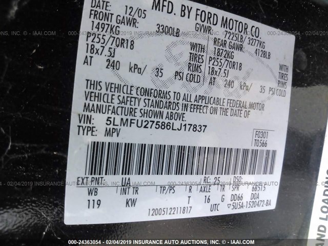 5LMFU27586LJ17837 - 2006 LINCOLN NAVIGATOR BLACK photo 9