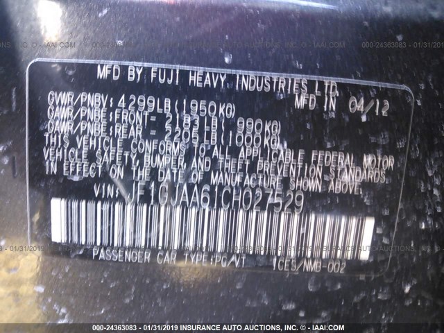 JF1GJAA61CH027529 - 2012 SUBARU IMPREZA GRAY photo 9