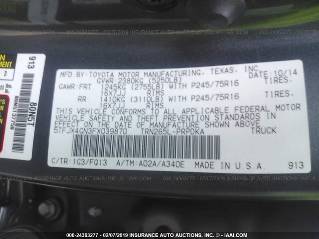 5TFJX4GN3FX039870 - 2015 TOYOTA TACOMA DOUBLE CAB PRERUNNER GRAY photo 9