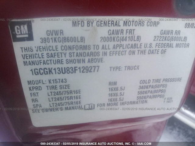 1GCGK13U83F129277 - 2003 CHEVROLET SILVERADO K1500 HEAVY DUTY RED photo 9