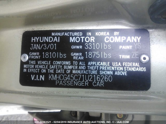 KMHCG45C71U216260 - 2001 HYUNDAI ACCENT GL GOLD photo 9