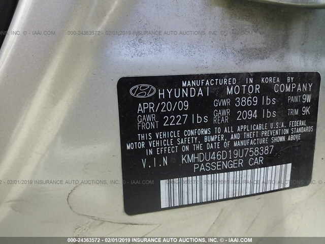 KMHDU46D19U758387 - 2009 HYUNDAI ELANTRA GLS/SE GOLD photo 9