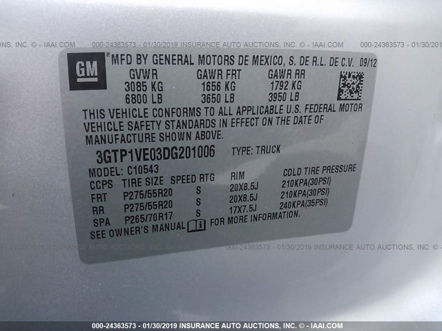 3GTP1VE03DG201006 - 2013 GMC SIERRA C1500 SLE SILVER photo 9