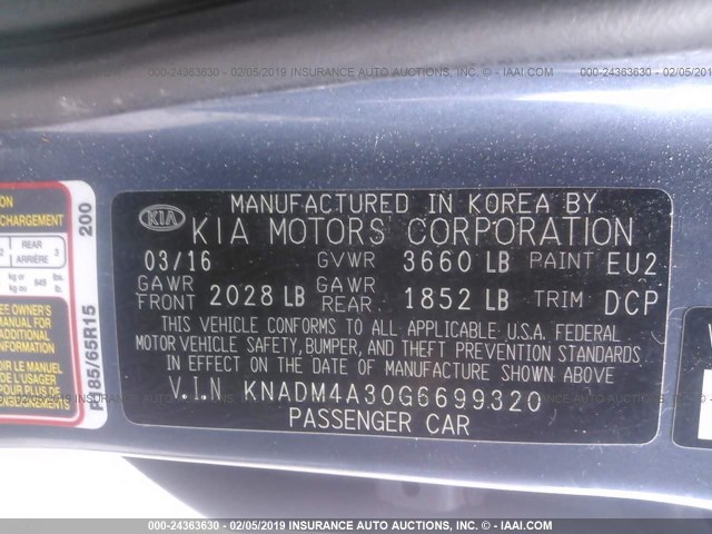 KNADM4A30G6699320 - 2016 KIA RIO LX BLUE photo 9