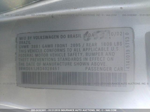 9BWDE61J634028451 - 2003 VOLKSWAGEN GTI SILVER photo 9