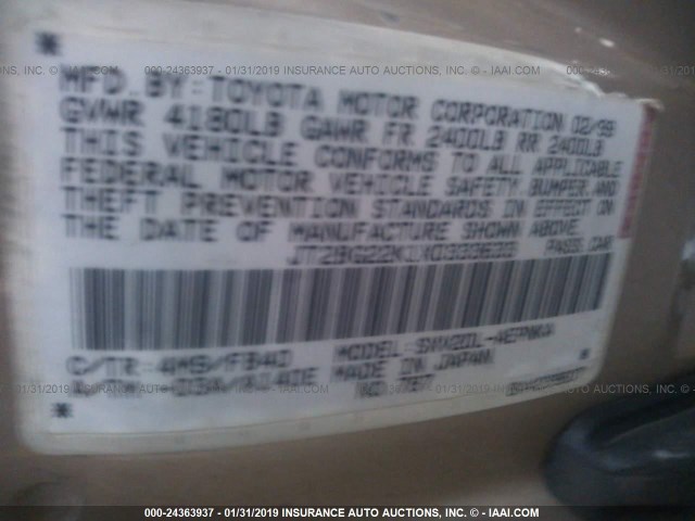 JT2BG22K1X0333633 - 1999 TOYOTA CAMRY LE/XLE 金色 照片 9