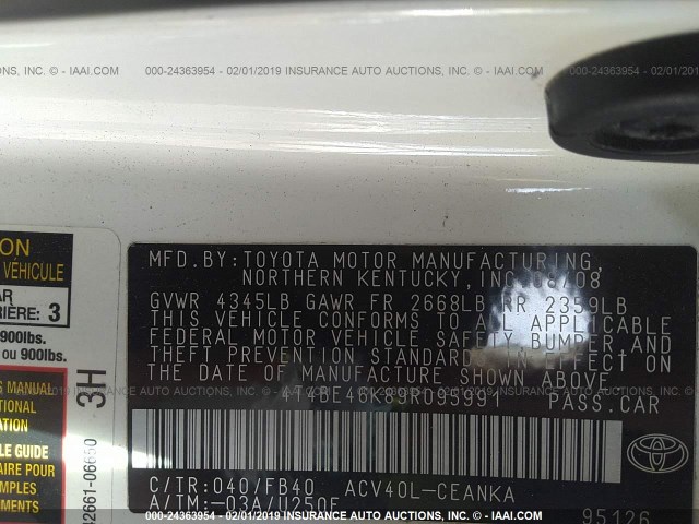 4T4BE46K89R095991 - 2009 TOYOTA CAMRY SE/LE/XLE 白色 照片 9