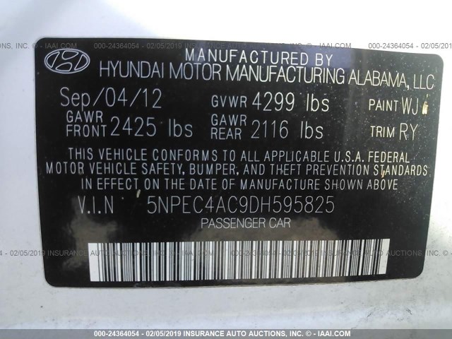 5NPEC4AC9DH595825 - 2013 HYUNDAI SONATA SE/LIMITED WHITE photo 9