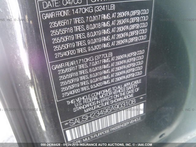 SALSH23496A903108 - 2006 LAND ROVER RANGE ROVER SPORT SUPERCHARGED BLACK photo 9