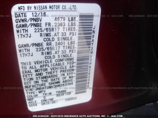 JN8AT2MV3HW263366 - 2017 NISSAN ROGUE S/SL/SV RED photo 9