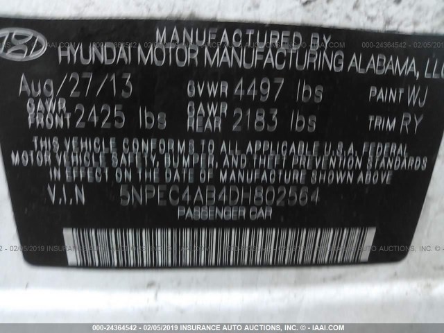 5NPEC4AB4DH802564 - 2013 HYUNDAI SONATA SE/LIMITED WHITE photo 9