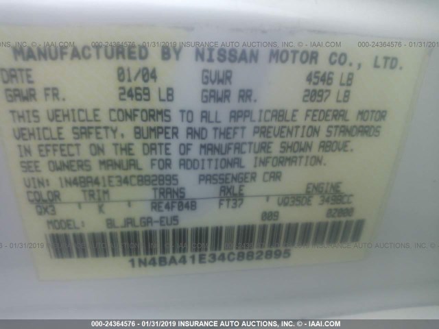 1N4BA41E34C882895 - 2004 NISSAN MAXIMA SE/SL WHITE photo 9