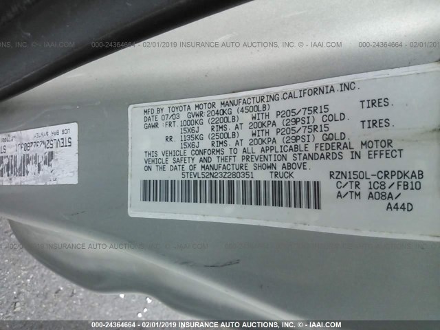 5TEVL52N23Z280351 - 2003 TOYOTA TACOMA XTRACAB SILVER photo 9