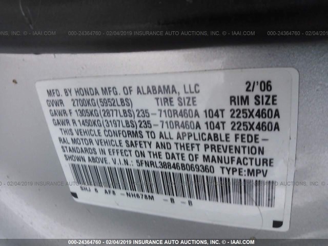 5FNRL38846B069360 - 2006 HONDA ODYSSEY TOURING SILVER photo 9