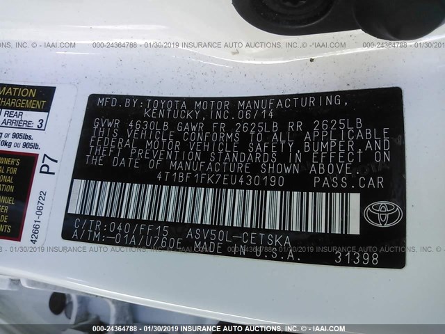4T1BF1FK7EU430190 - 2014 TOYOTA CAMRY L/SE/LE/XLE WHITE photo 9