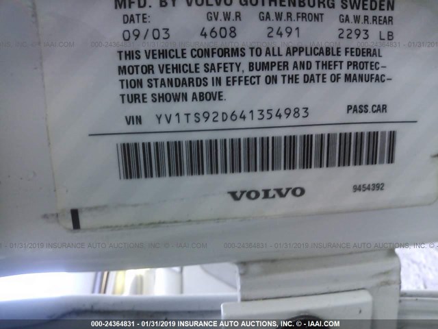 YV1TS92D641354983 - 2004 VOLVO S80 WHITE photo 9