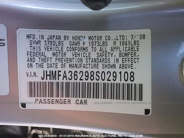 JHMFA36298S029108 - 2008 HONDA CIVIC HYBRID SILVER photo 9