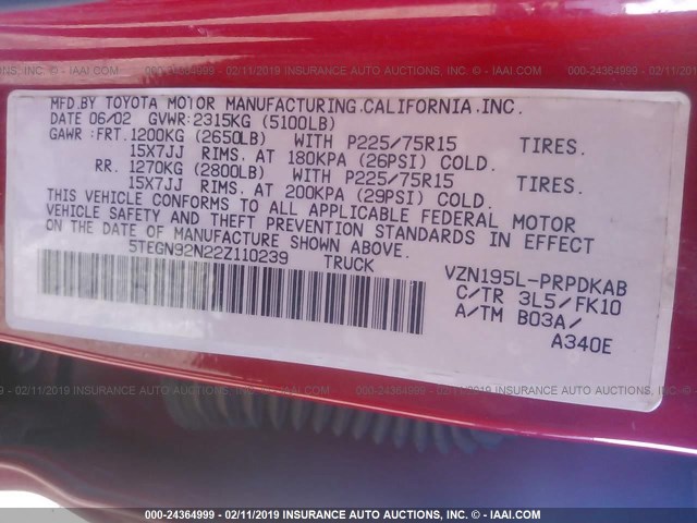 5TEGN92N22Z110239 - 2002 TOYOTA TACOMA DOUBLE CAB PRERUNNER RED photo 9
