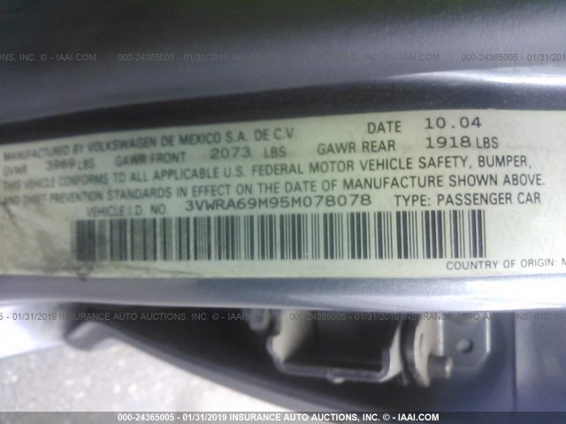 3VWRA69M95M078078 - 2005 VOLKSWAGEN JETTA GL GRAY photo 9