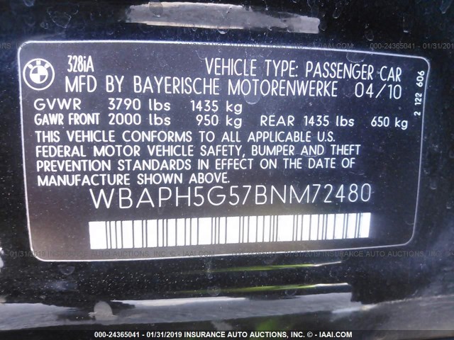 WBAPH5G57BNM72480 - 2011 BMW 328 I SULEV BLACK photo 9
