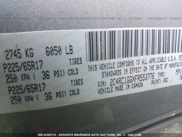 2C4RC1GGXFR553776 - 2015 CHRYSLER TOWN & COUNTRY LIMITED PLATINUM SILVER photo 9