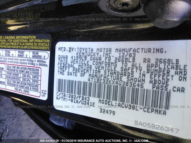 4T1BE32KX4U303646 - 2004 TOYOTA CAMRY LE/XLE/SE BLACK photo 9