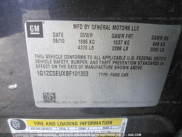 1G1ZC5EUXBF101353 - 2011 CHEVROLET MALIBU 1LT ნაცრისფერი ფოტო 9