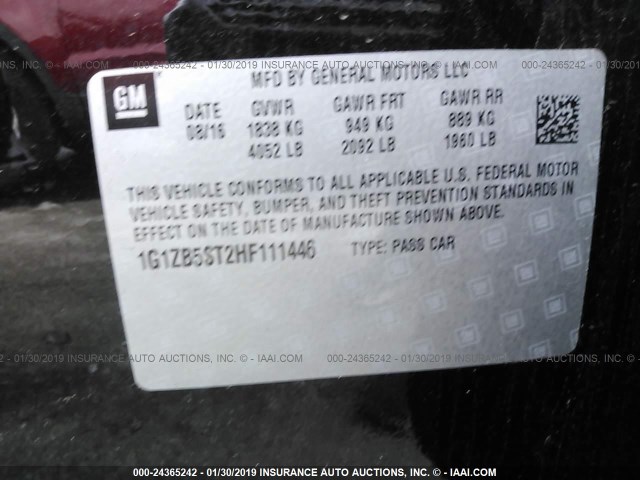 1G1ZB5ST2HF111446 - 2017 CHEVROLET MALIBU LS BLACK photo 9