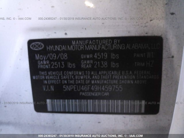 5NPEU46F49H459755 - 2009 HYUNDAI SONATA SE/LIMITED WHITE photo 9