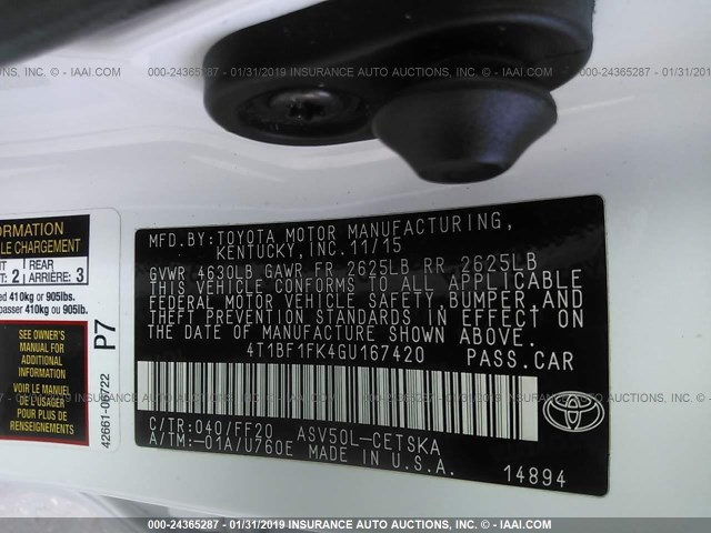 4T1BF1FK4GU167420 - 2016 TOYOTA CAMRY LE/XLE/SE/XSE 白色 照片 9