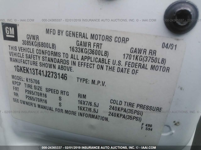 1GKEK13T41J273146 - 2001 GMC YUKON WHITE photo 9