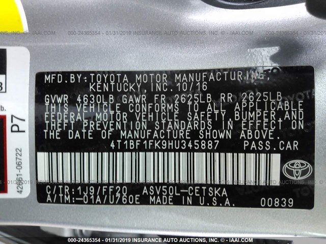 4T1BF1FK9HU345887 - 2017 TOYOTA CAMRY LE/XLE/SE/XSE 银色 照片 9