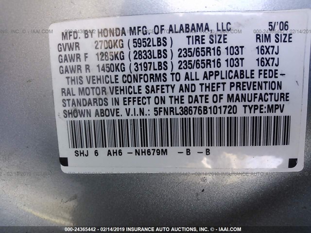 5FNRL38676B101720 - 2006 HONDA ODYSSEY EXL BLUE photo 9