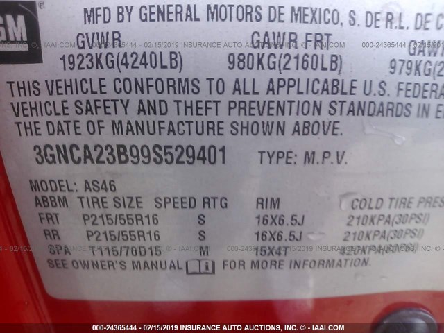 3GNCA23B99S529401 - 2009 CHEVROLET HHR LT RED photo 9