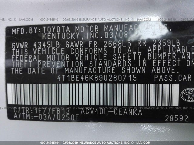 4T1BE46K89U280715 - 2009 TOYOTA CAMRY SE/LE/XLE 银色 照片 9