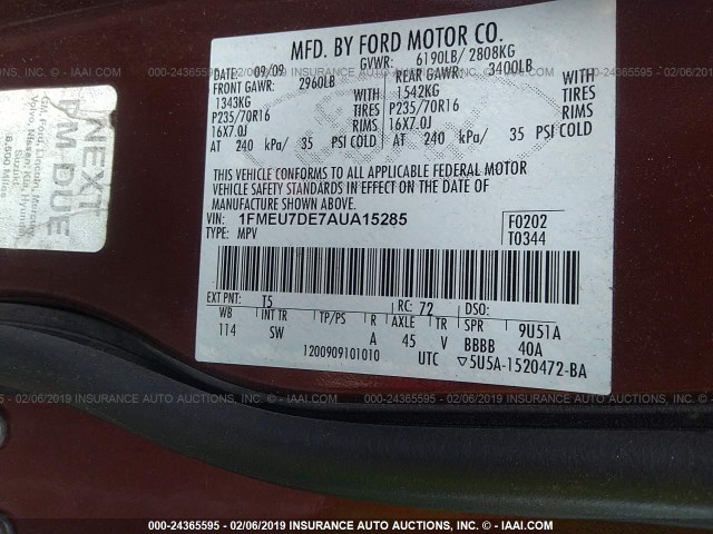 1FMEU7DE7AUA15285 - 2010 FORD EXPLORER XLT RED photo 9