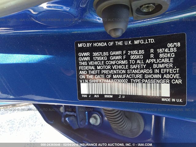 SHHFK7H44JU230002 - 2018 HONDA CIVIC SPORT 蓝色 照片 9